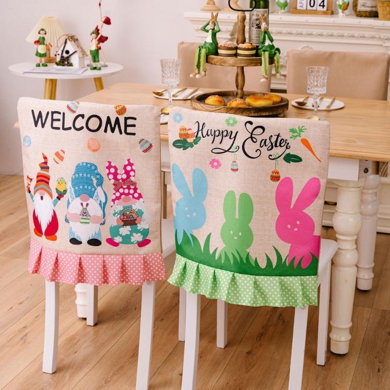 Easter Theme Chair Cover, Indoor Decorative Gnomes Cute Rabbit Pattern Chair Cover, Cute Cartoon Style Home Decorations