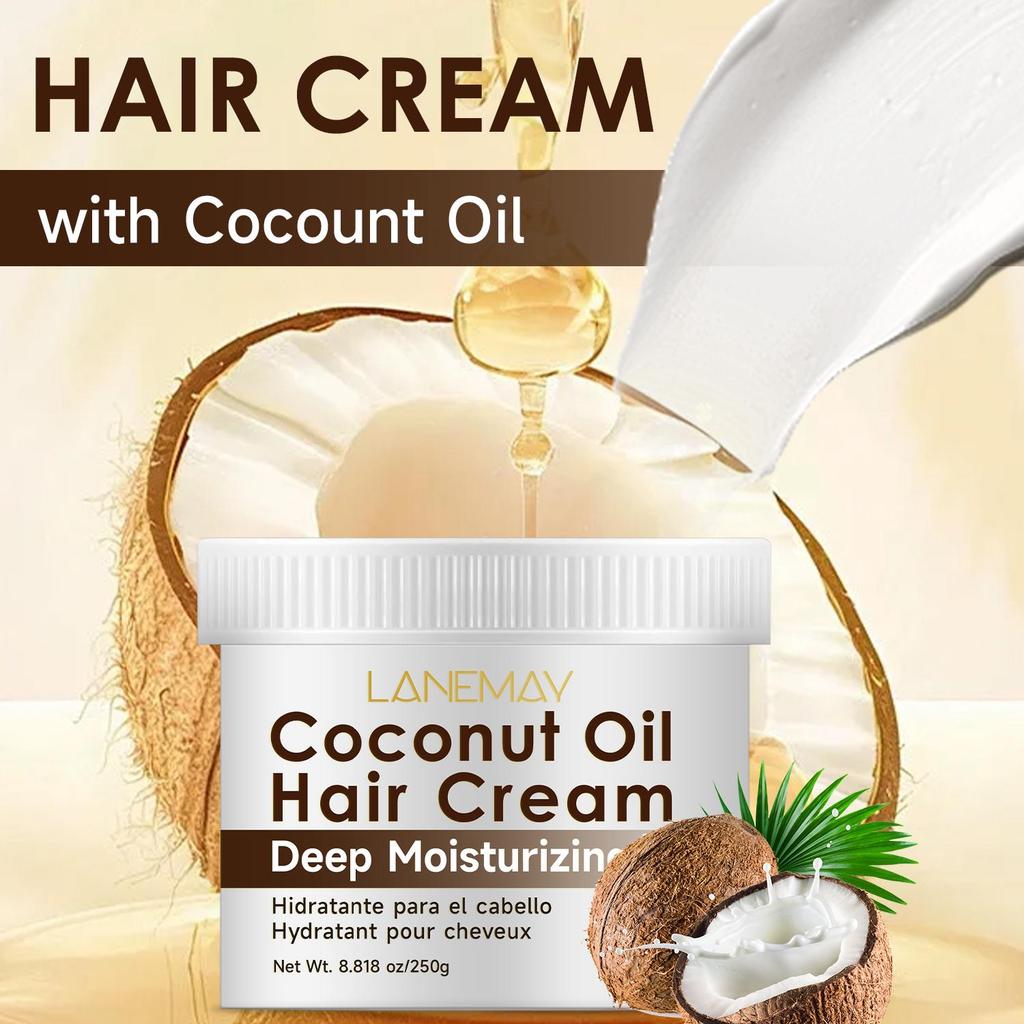 Coconut Oil Hair Cream-Providing moisture for  softness, shine, reduced  frizz, and healthy hair-For all hair types, women and men, 250ml
