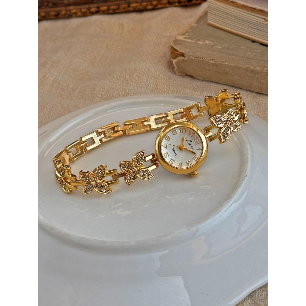 1 styck Fransk Guldinlagd Bländande Strass Fjärilsformad Damklocka, Snygg och Exklusiv, Vintage Armbandsstil Kvarts för Damer
