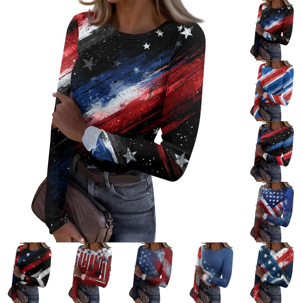 Women's Casual Fashion Round Neck Independence Day Print Long Sleeve Ribbed Top