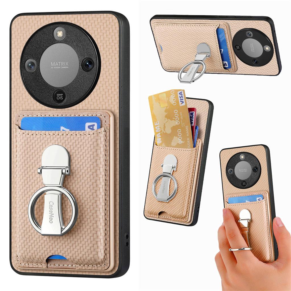 CASENEO Telefondeksel For Honor Magic8 Lite 5G / X9d 5G / X70 5G Lær Bakdeksel med Støtte og Kortplasser Karbonfibertekstur