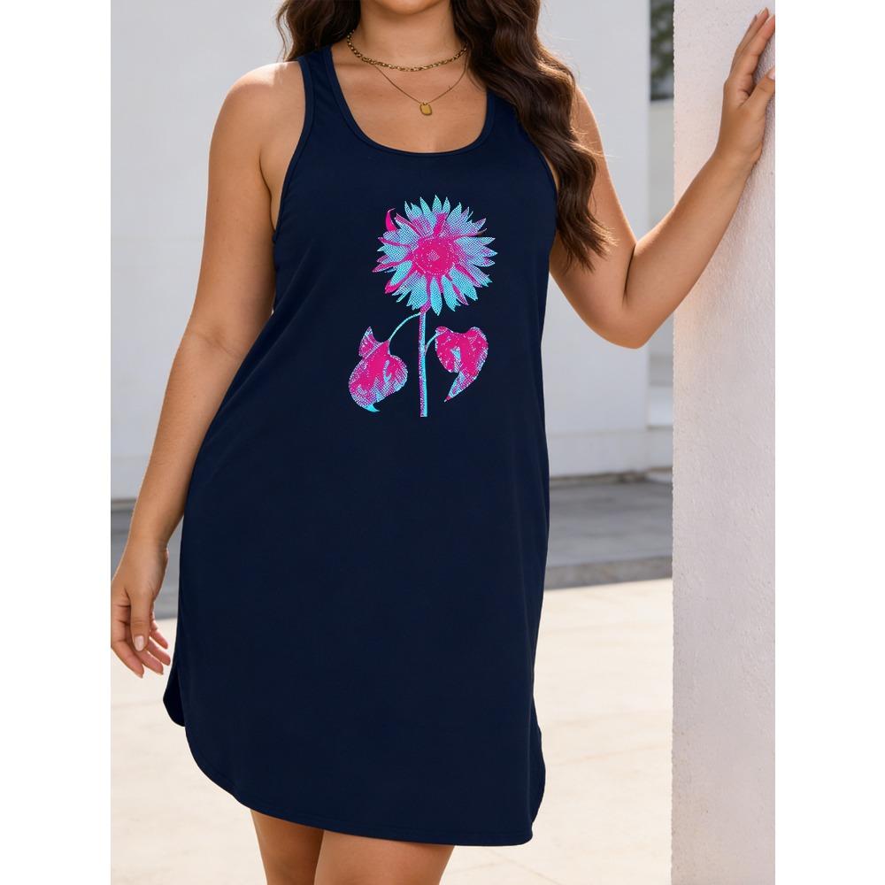 

Women s plus-size fashionable casual sunflower print dress, suitable for home use and outings 4XL