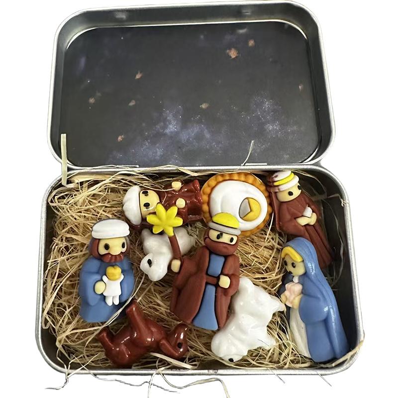 

Mini Christmas Nativity Set in Tin Box Horse Trough Resin Scene Figurine Gift Jar For Room Decoration Figurines Miniatures Gifts