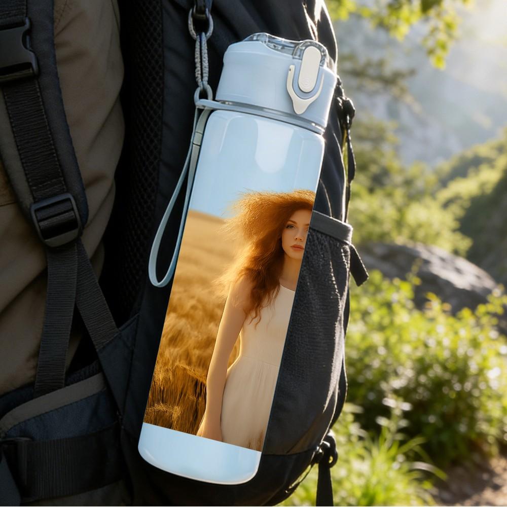 1PC Lady Wheat Field Back View Portrait 750ml Color Plastic Sports Water Bottle Leakproof Flip Straw Lid Suitable for Sports Office Home Use