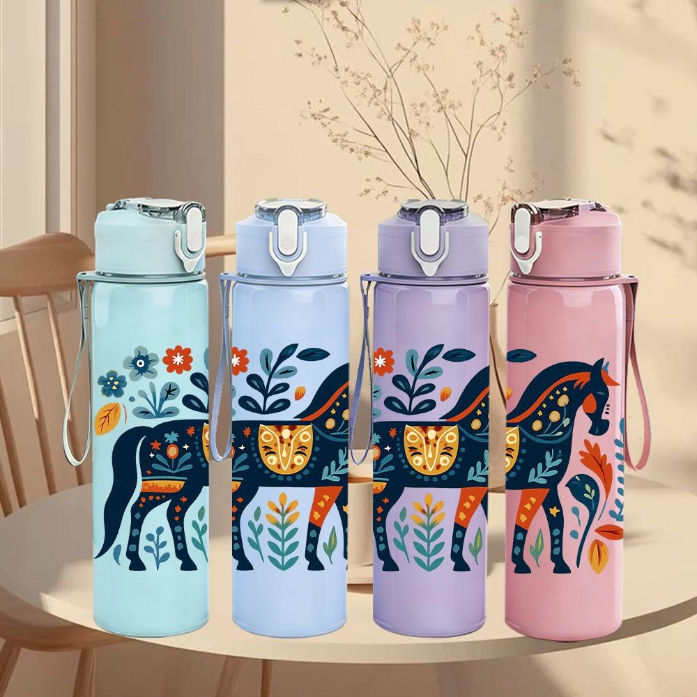 1PC Folk Decorated Blue Horse 750ml Color Plastic Sports Water Bottle Leakproof Flip Straw Lid Suitable for Sports Office Home Use