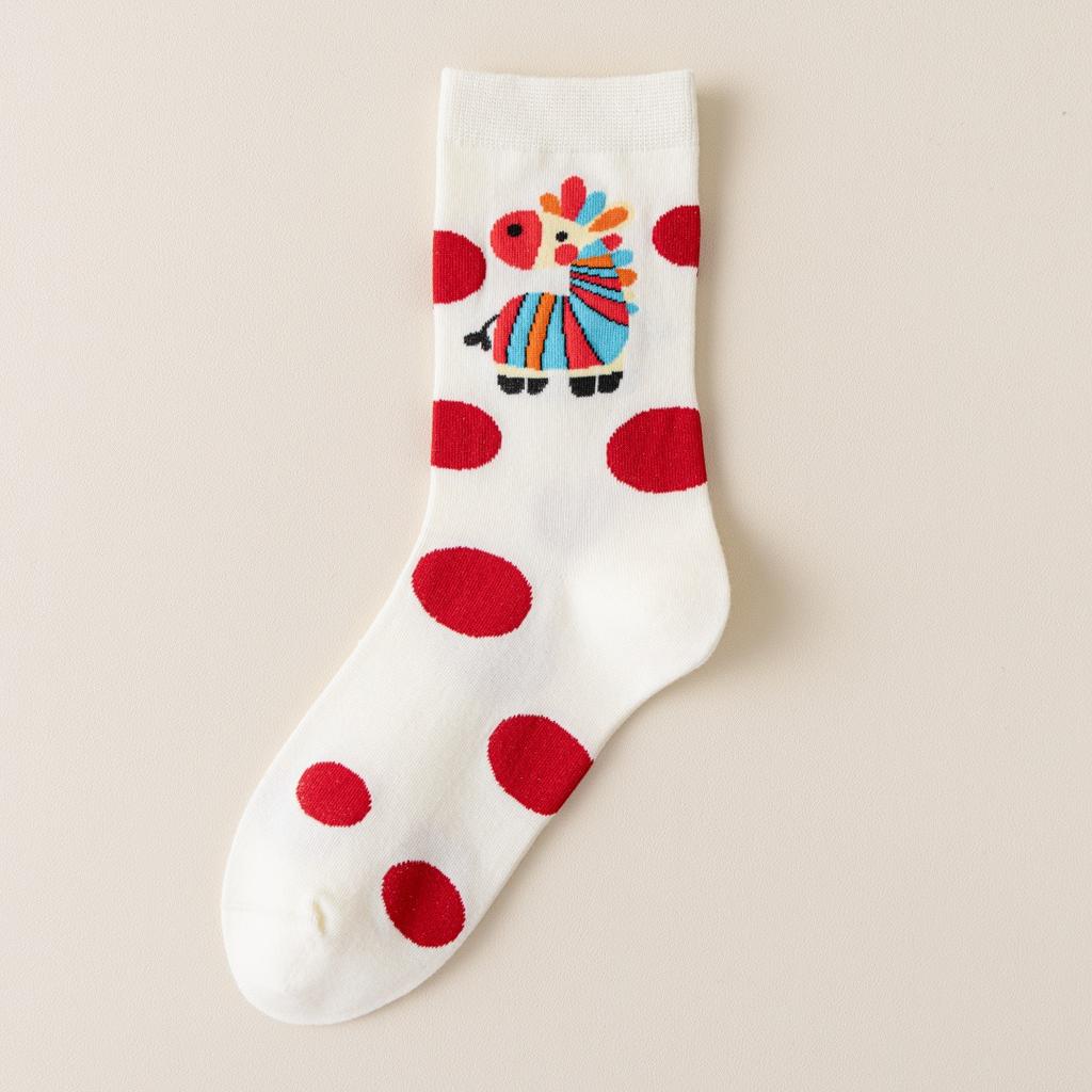 1 Pair New Year Lucky Red Socks For Men Women Autumn Winter Warm Mid-Tube Socks Cartoon Pony Horse Socks Christmas Gifts