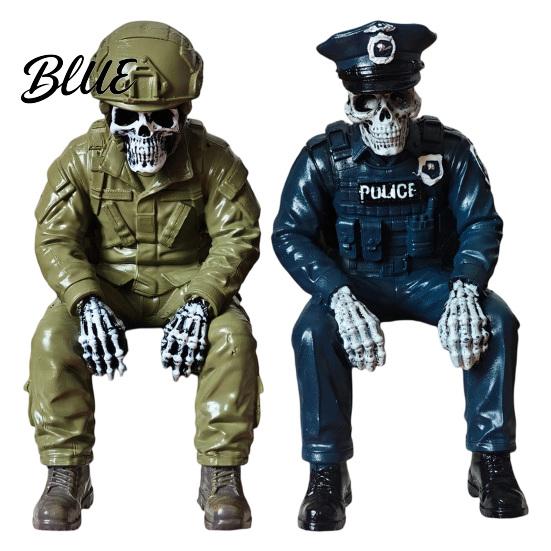 Dark Aesthetic Room Accents Halloween Skeleton Ornament, Policeman/Military Resin Gothic Skull Figurine, Collection Pieces Style Sitting Pose