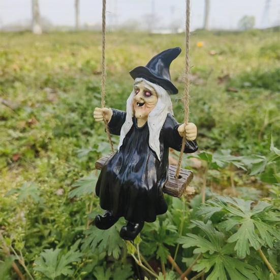 Halloween Swing Ghost Statue Resin Ghost Dog Witch on A Swing Figurine Outdoor Tree Hanging Ornament for Garden Patio Lawn Yard Decor