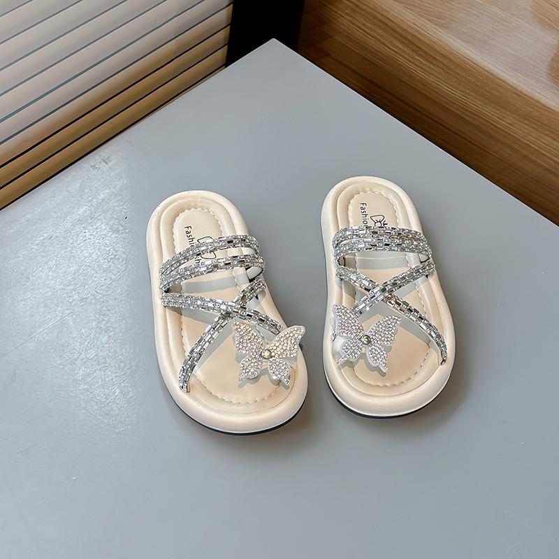 

Детские тапочки для девочек с блестящей бабочкой, уличные детские сандалии в стиле принцессы, лето 2025, пляжная обувь для девочек, мягкая подошва, нескользящие, модные 26 бежевый