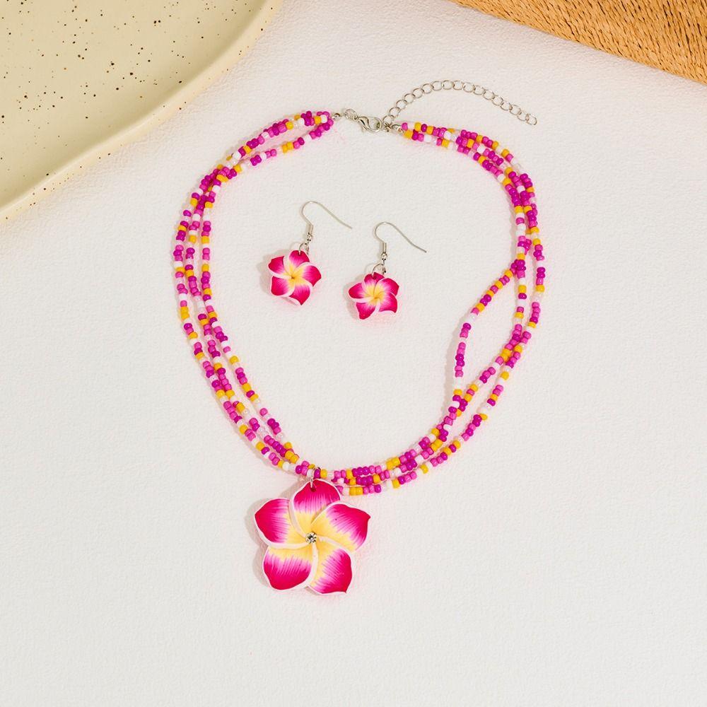Egg Flower Flower Necklaces Earrings Multilayer Rice Bead Collarbone Chain  Vacation