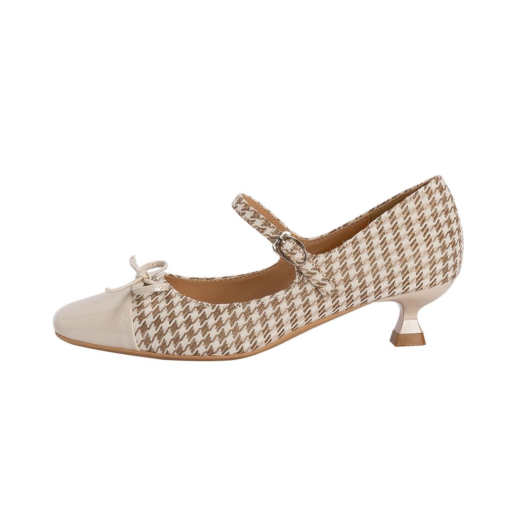 Xiaoxiangfeng Square Head Wine Glass Heel Shoes Thousand Bird Grid One-word Buckle Mary Jane Medium Heel Single Shoes Children 2025 Spring New Models