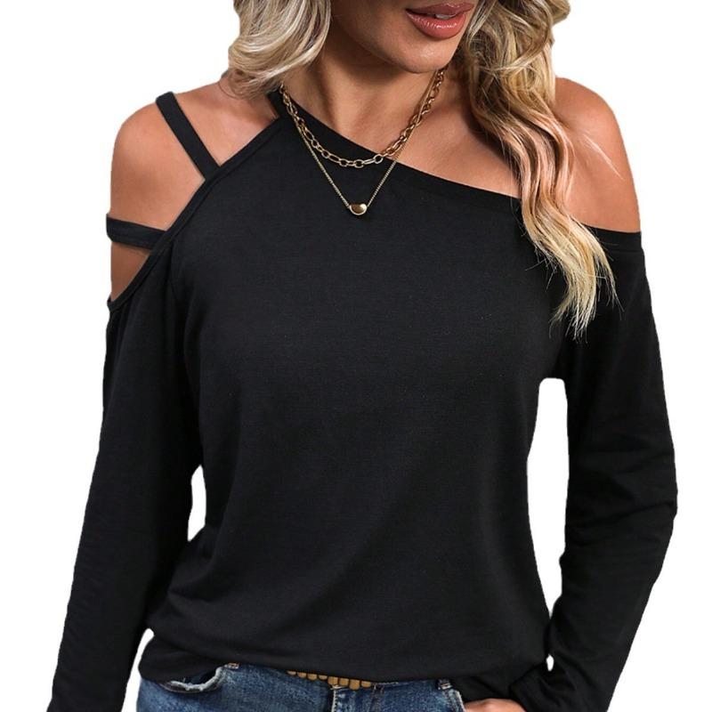Women Simple Slant Collar Off Shoulder Long Sleeve Casual Commute T Shirt Top