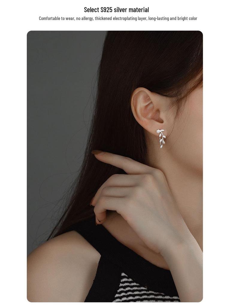 Banyan Tree S925 Silver Olive Branch Leaf Zircon Ear Hooks - Cold Style Summer Earrings for Women