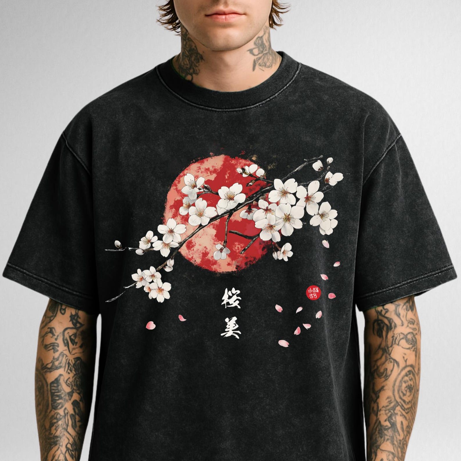 Premium Quality Sakura Acid Washed T-Shirt – Japanese Cherry Blossom Black Streetwear Tee, Luxury Oversized Graphic Top S
