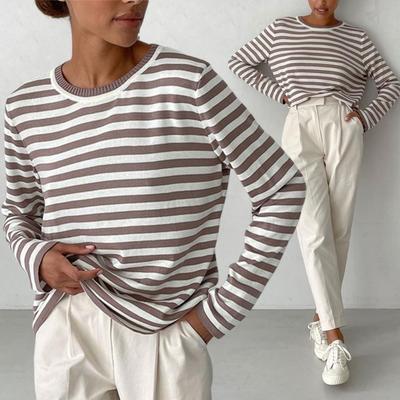 Damen-Oberteile, Rundhalsausschnitt, Langarm, gestreifter Druck, Pullover, lockere Passform, dehnbare Retro-Strickoberteile für den Alltag