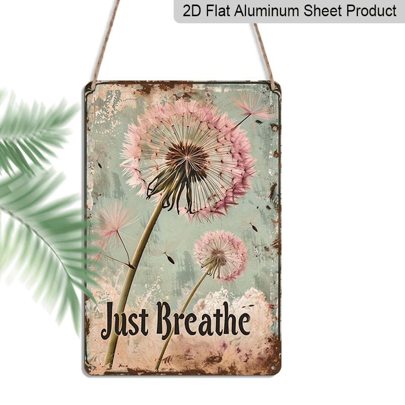 2D Flat Motivational Pink Dandelion Metal Wall Art, Wishing Dandelion Aluminum Sign, 12x8 Inch, just Breathe Dandelion Wish Sign, Ideal for Indoor 20*30cm