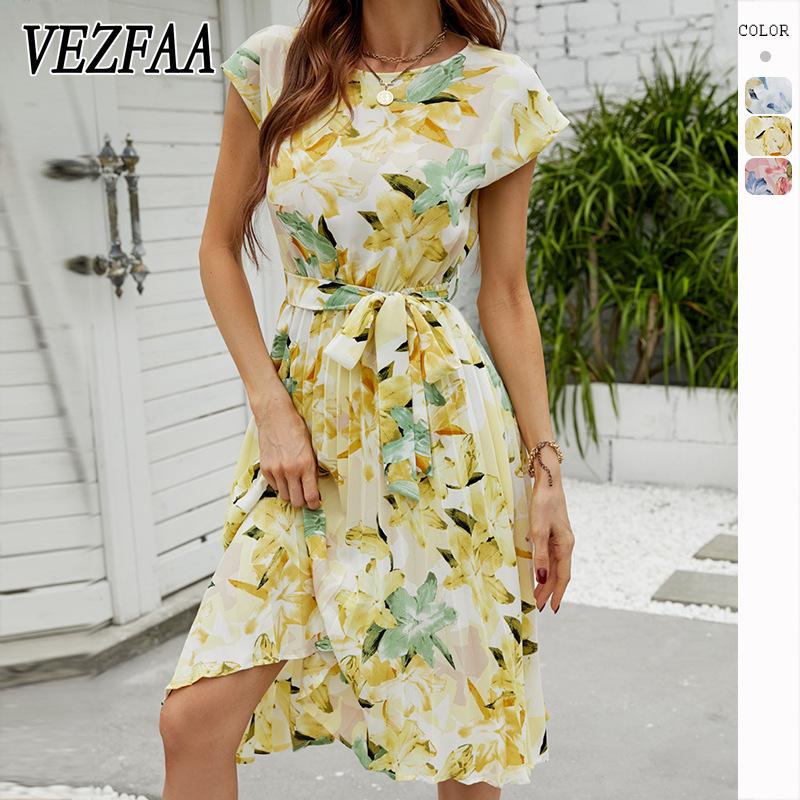 

VEZFAA женские модные летние весенние повседневные платья с цветочным узором и коротким рукавом с круглым вырезом и высокой талией