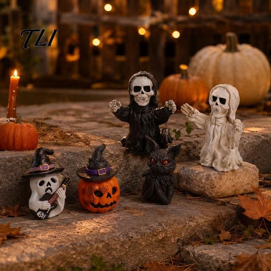 Atmosphere Creating Holiday Props Halloween Resin Figurine, Spooky Skeleton Pumpkin Ghost Statue for Hand Painted Gothic Home Decor Tiered Tray,