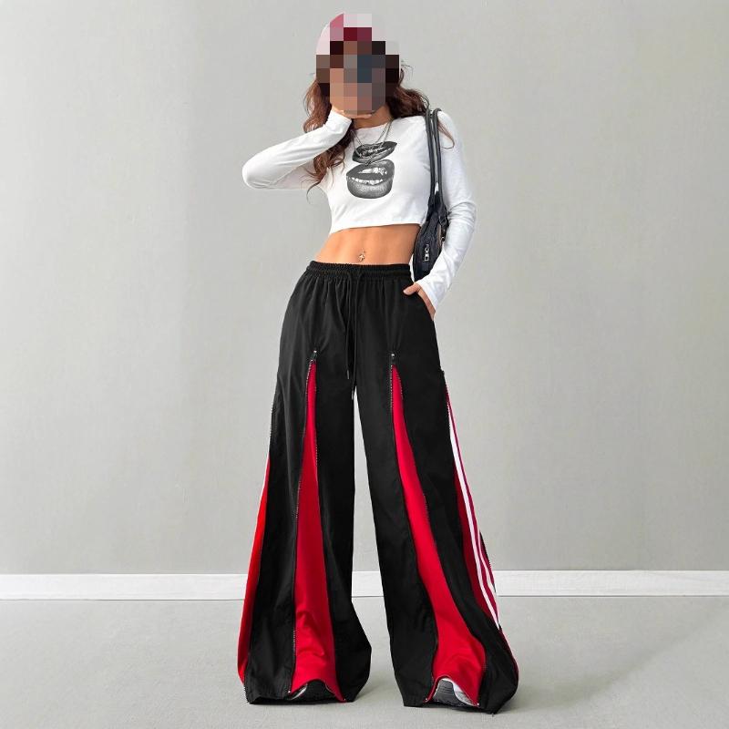 Street-style Hot Girl Patchwork Hip-hop Zipped Patchwork Retro Loose Floor-length Pants