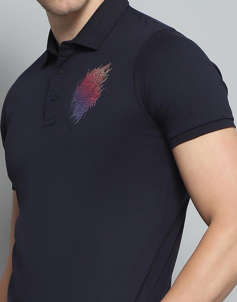 Monte Carlo Mens Printed Navy Blue Collar Neck Half Sleeve T-Shirt