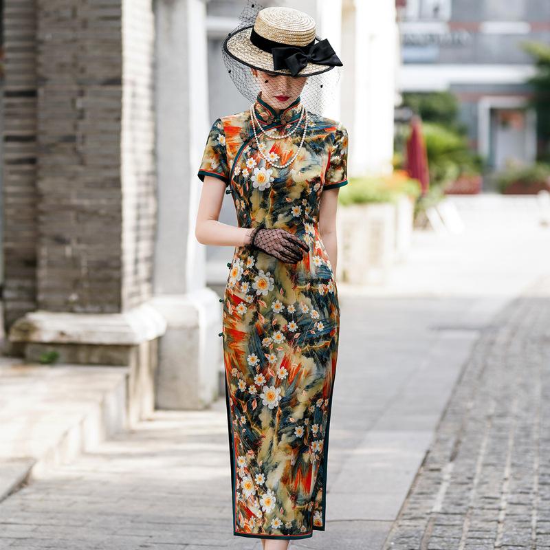 Mulberry silk cheongsam 1011 new summer new Chinese style retro Chinese style elegant slim silk cheongsam dress