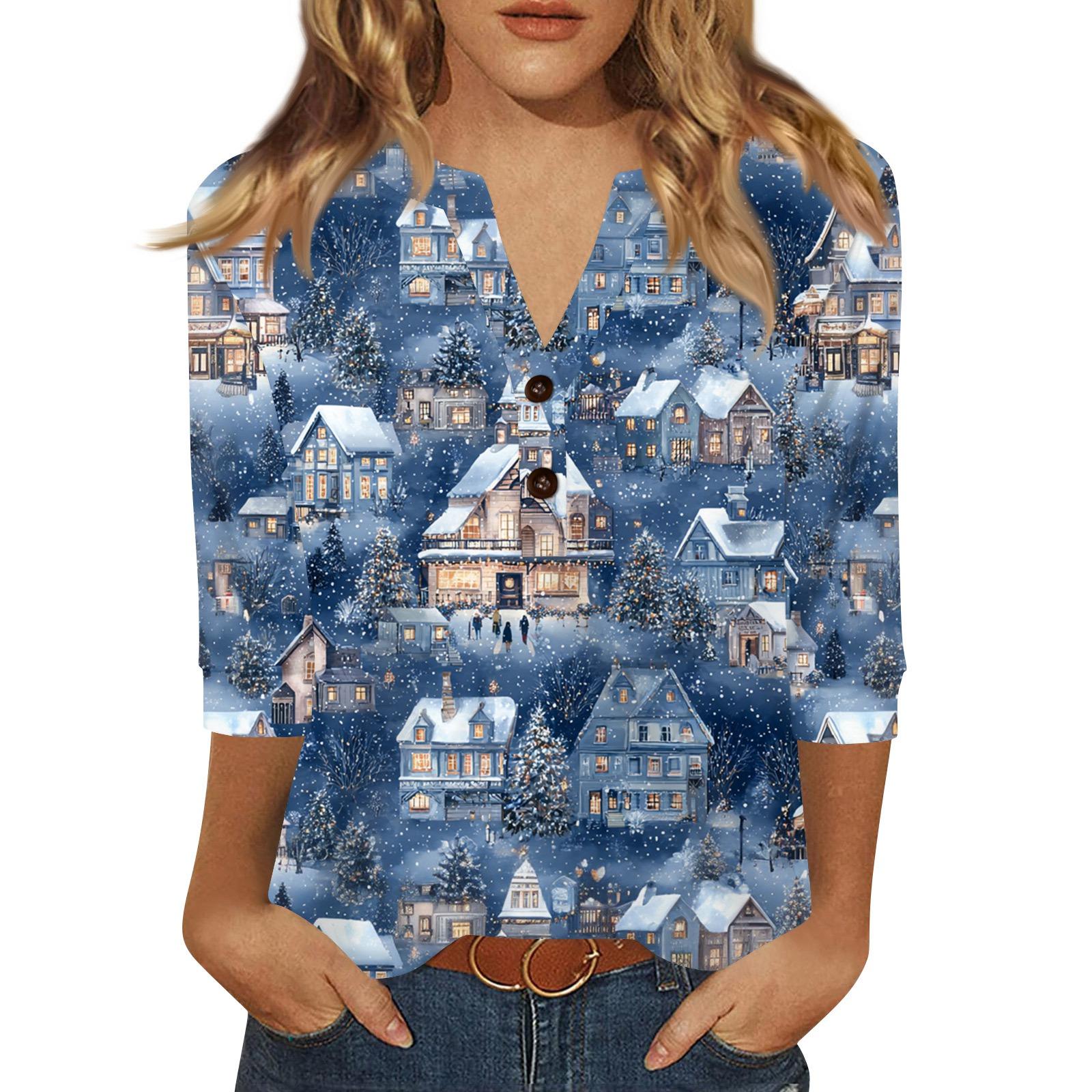 

Women s T Shirt Print Button 3/4 Sleeve Daily Weekend Fashion Basic V- Neck Regular Top L