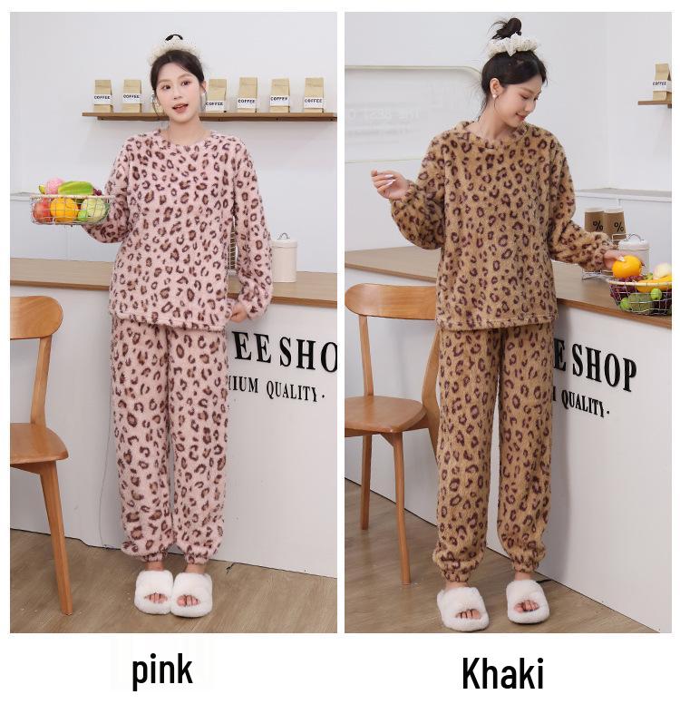 Women's Leopard Print Velvet Pajamas Set – Winter Thickened Long Sleeve & Pants, Wear Indoors or Outdoors