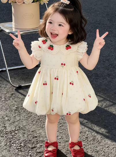 Girls Summer Cherry Print Dress Sweet Pastoral Princess Cute Baby Toddler Dress 90
