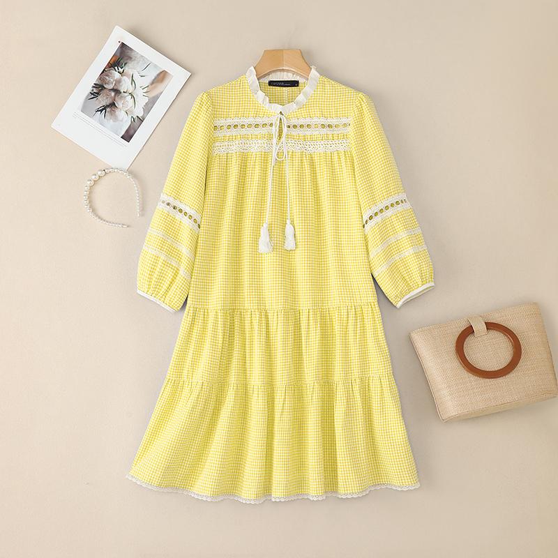 ZANZEA Women Casual Round Neck 3/4 Sleeve Loose Plaid Print Dress