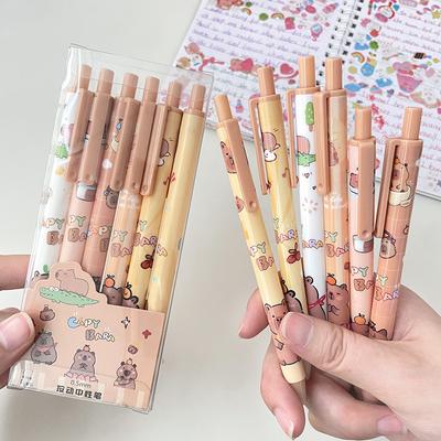 6 bolígrafos de gel Kawaii con diseño de capibara, de secado rápido, escritura suave, con presión neutra, útiles escolares y de papelería.