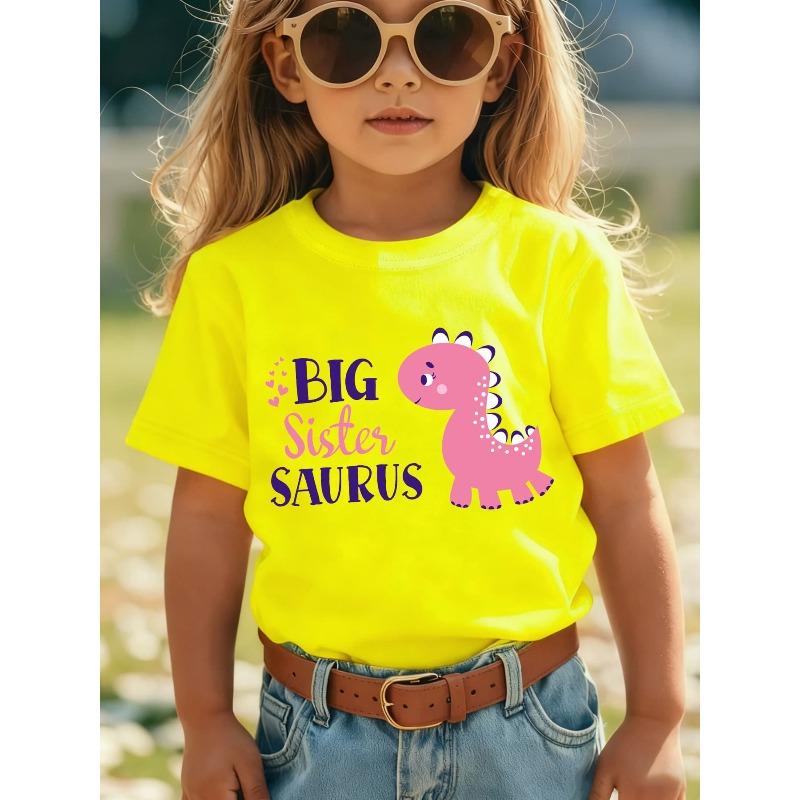 European Size Girls Round-neck Short-sleeved T-shirt with Cartoon Pink Little Dinosaur Pattern Print