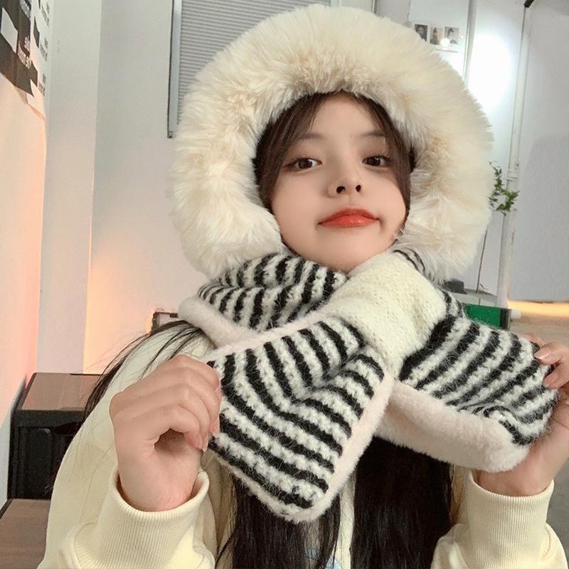 Autumn Winter Japanese Style Cute Plush Ear Protection Scarf Hat Integrated Knitted Fleece Lined Thickened Warm Wool Lei Feng Hat