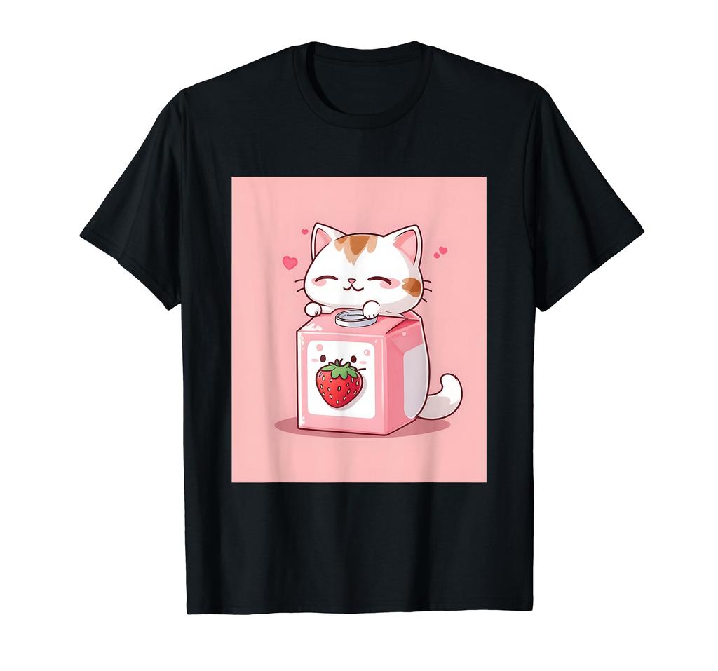 Strawberry Things Printed Kawaii, Cat, Milk, Cute, Japanese, T-shirt
