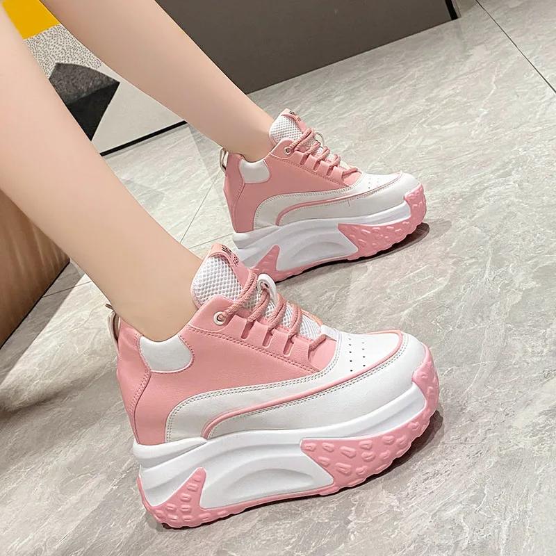 10CM High Heels Autumn Chunky Sneakers for Women 2025 New Platform Sports Mesh Shoes Woman Lace-up Thick Bottom Dad Shoes Ladies