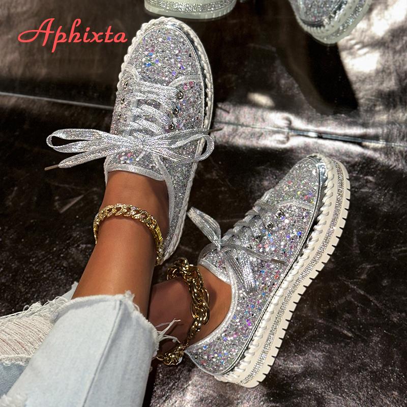 Aphixta 2025 New Sequined Lace Up Shallow Woman Shoes Silver Loafers Spring Woman Shoes Sewing Casual Shoes For Woman