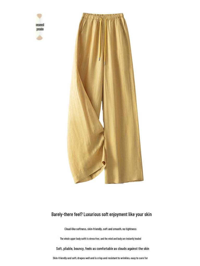 Summer 2026 Women's Yellow Wide-Leg Pants: Ice Silk Lyocell Linen Blend