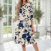 Women’s Casual Floral Print Crew Neck Three Quarter Sleeve Midi Dress Loose Fit Soft Fabric Mid Length Design