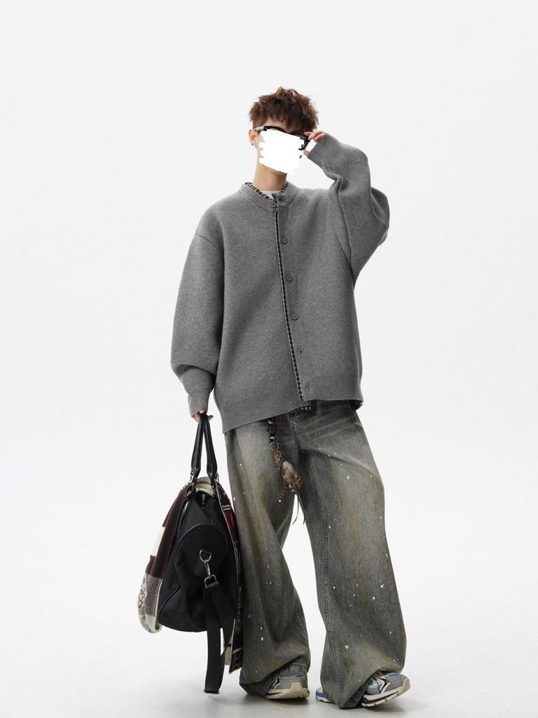 Men's Grid Patchwork Knit Cardigan - Autumn Casual Loose-Fit Sweater, Trendy and Versatile Jacket.