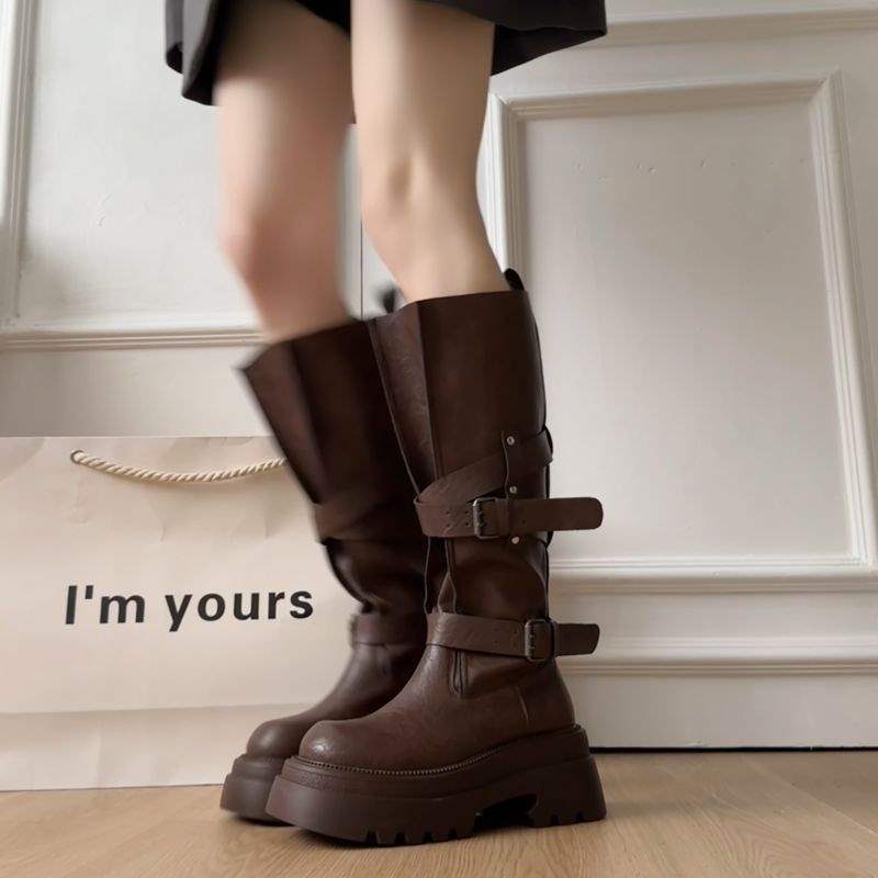 Versatile retro belt buckle 2025 boots autumn new small thick-soled heightening knight boots long boots women