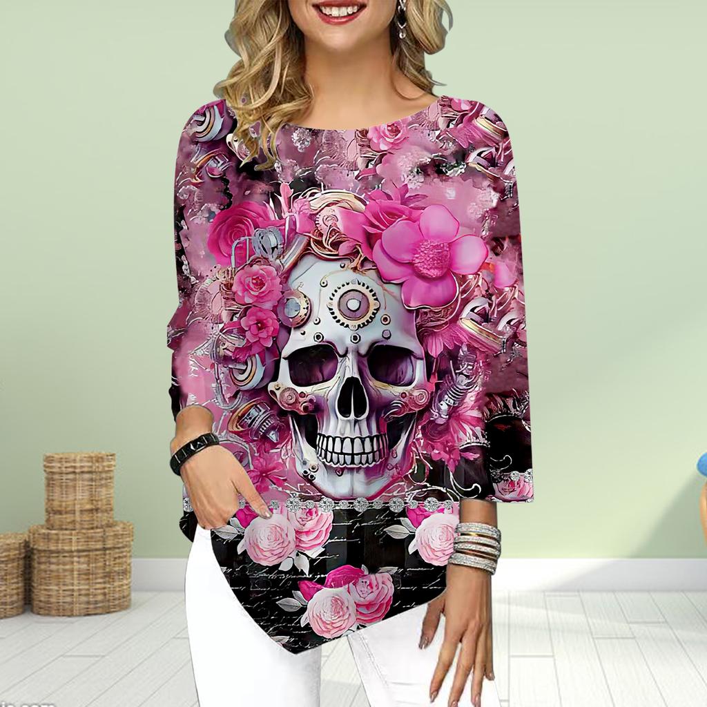Damen Dreiviertelarm Rundhals T-Shirt Lockere Shirts Lässig Furchteinflößender Totenkopf Print T-Shirt Tops