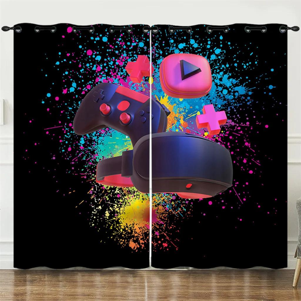Gamepad Gamer Hand Game Elements Curtains Hippie Room Decoration Bedroom Living Room Sunshade Curtains 2 Panels Cortinas