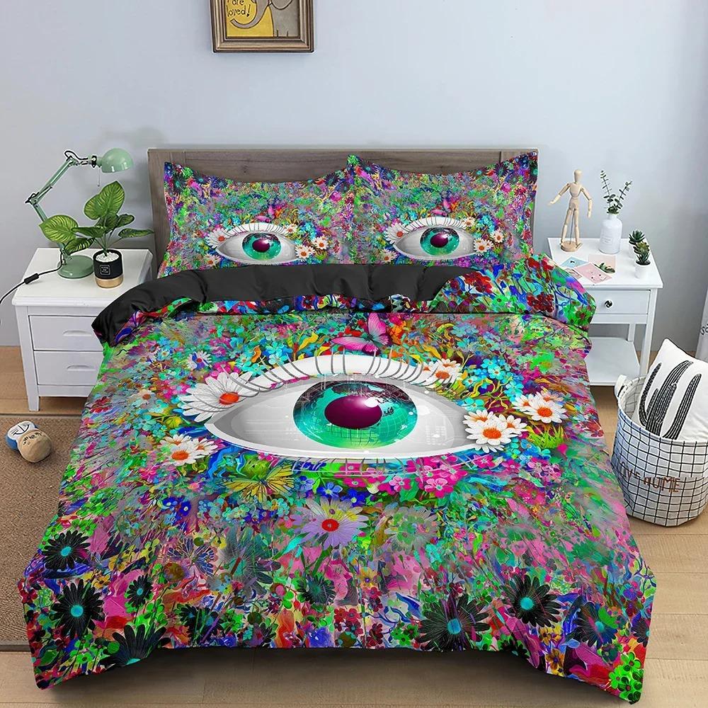 3D Blaues Böses Auge Bettbezug King Queen Größe Psychedelisches Magisches Zeichnungsaugen Bettwäscheset Kinder Jugendliche Erwachsene Polyester Steppdeckenbezug