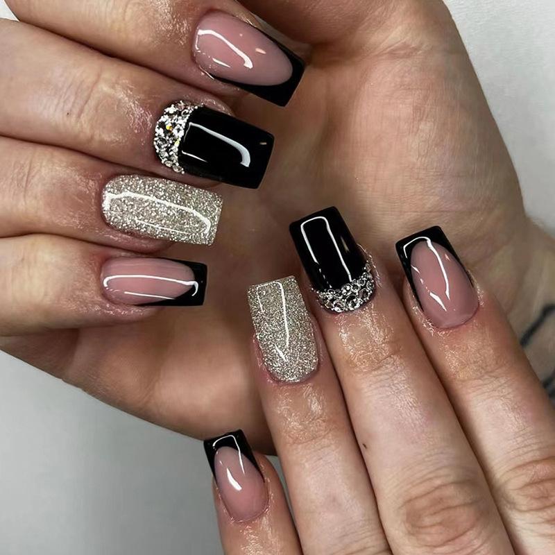 Medium and Long European Square Sweet Cool Black French Solid Color Manicure Flash Silver Powder Spice Girl Diamond Wearing Nail Piece