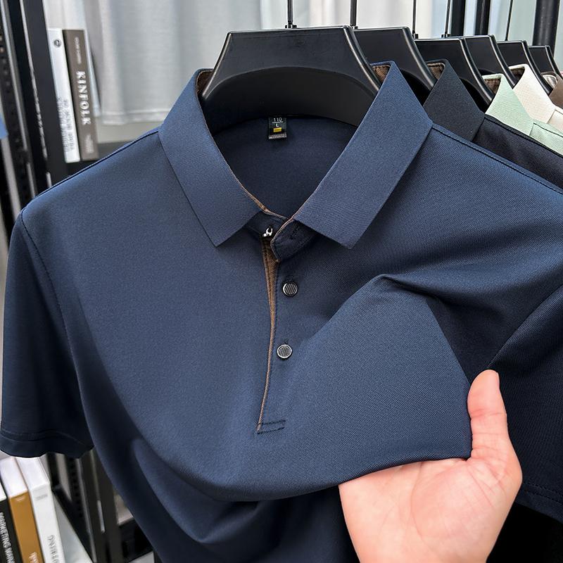 Luxury high-quality short sleeve polo shirt men new summer silk breathable comfortable lapel casual business solid color T-shirt
