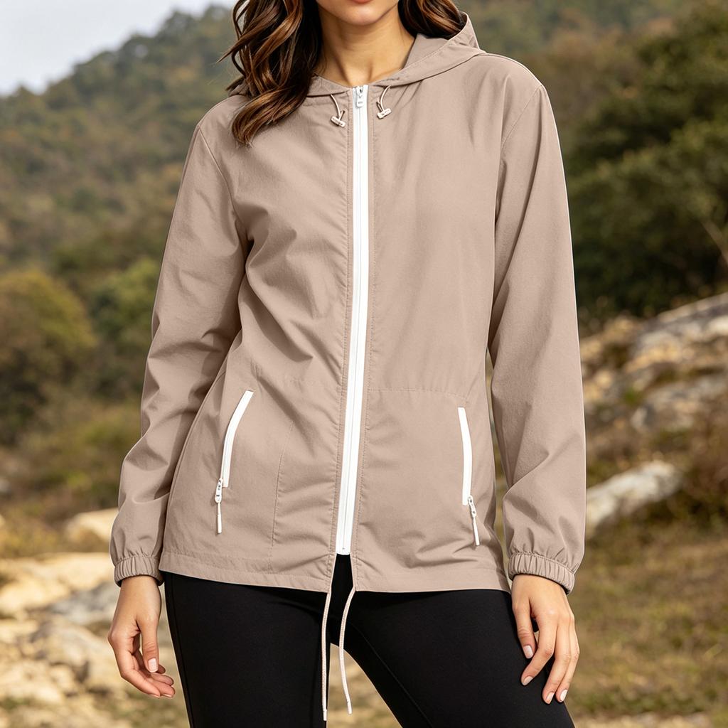Women Plus Size Lightweight Zip Up Hooded Jacket Long Sleeve Packable Windbreaker with Storage Pouch for Outdoor Travel Hiking Running