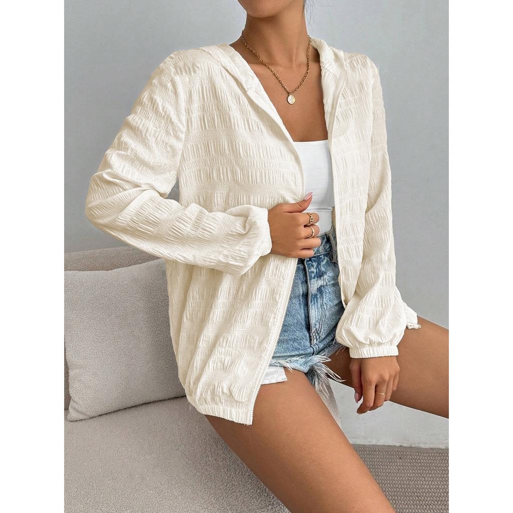 Women's Summer Thin Hooded Sun Protection Jacket, European American Ins Style Loose Zipper Outerwear for Women