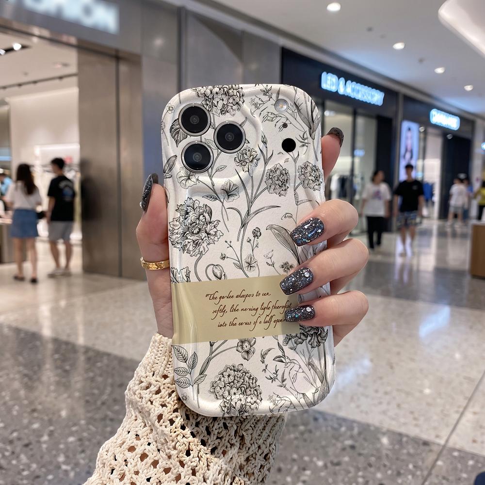 Black Line Sketch Floral Quote Phone Case For iPhone 17 16 15 14 13 12 11 Pro Max Plus Wavy Edge Cover