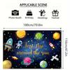 Verspieltes Weltraum-Erster-Geburtstag-Wandteppich, Cartoon-Planeten, Astronaut und Raketen am Sternenhimmel, Spielerische Wandkunst für Kinderparty