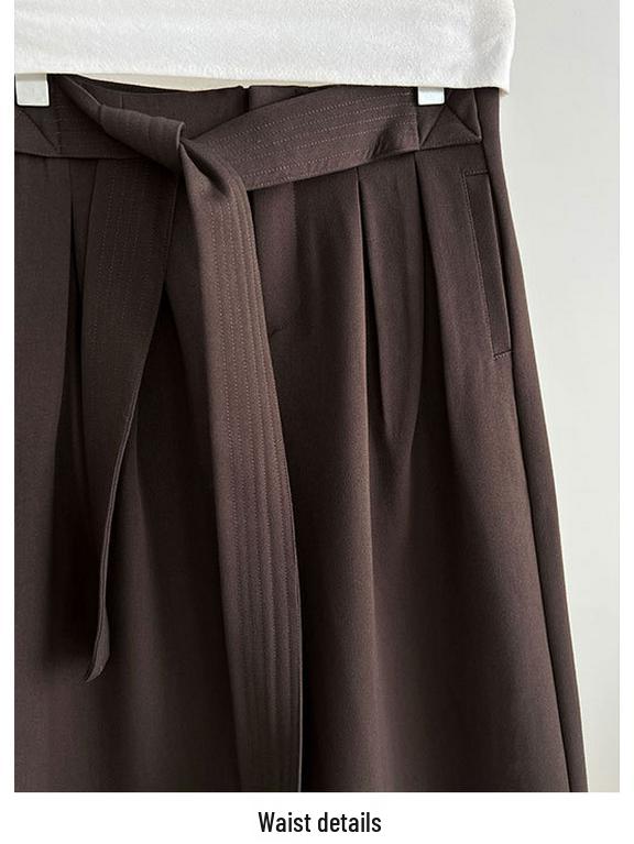 LUXI Women's Retro Lace-up Pleated Wide-Leg Pants - Autumn Casual Straight-Leg Long Trousers