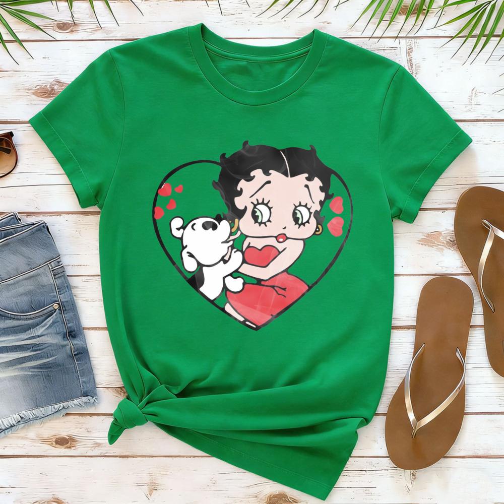 Betty Boop with Pudgy Dog Shirt Vintage Women Summer Cotton Short Sleeve Retro Cartoon Girl Graphic Printed Casual Daily Outfit